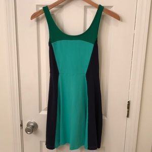 Navy blue, aqua, and green mini dress
